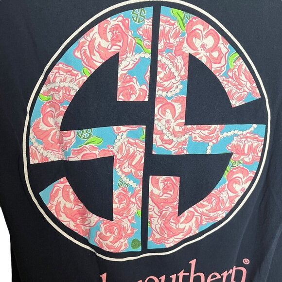Simply Southern Women's S Short Sleeve Graphic‎ Tee Navy Pink Floral Logo Preppy - Picture 3 of 7